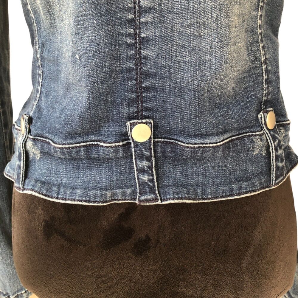 Bebe Rhinestone Embellished Stretchy Retro Y2K Denim‎ Moto Jacket Size S - Picture 10 of 14